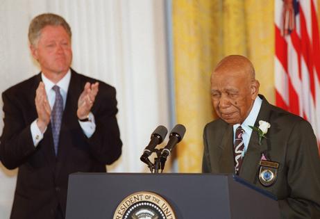 Herman Shaw, 94, shown here with former President Bill Clinton in 1997, was one of nearly 400 Black men who were part of a government study that began in 1932. The participants were told that they were being treated for syphilis, but they were actually given a placebo.
Paul J. Richards/AFP via Getty Images