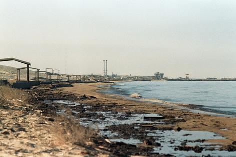 Oil washes up on a Persian Gulf beach near a Saudi desalination plant in late January 1991.
              Chris Lefkow/AFP via Getty Images