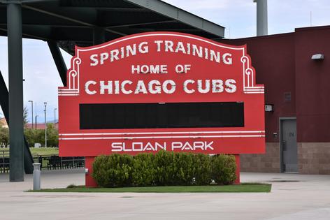 Spring training sign of the Chicago Cubs. The red sign of the Chicago Cubs baseball team. The is at the spring training site in Mesa Arizona which is Sloan Park. Dreamstime/TCA