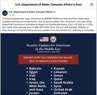 A Facebook post from the U.S. State Department on March 3, 2026, urging ‘Americans to DEPART NOW’ from the countries listed.
              Facebook