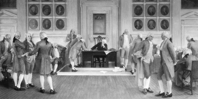 Painting in the Wisconsin State Capitol of 'The Signing of the American Constitution.' George Washington is seen presiding over the occasion, and on the right in the foreground is James Madison.   E. R. Curtiss/Wisconsin Historical Society/Getty Images