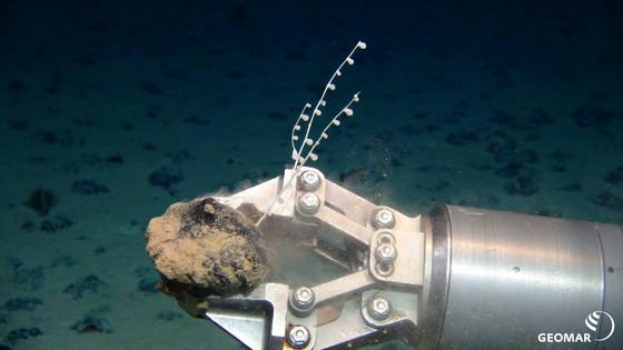 A mechanical claw holds a polymetallic nodule, one of several seafloor sources of critical minerals. ROV-Team/GEOMAR via Wikimedia, CC BY