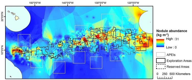 A map shows mining targets in the Clarion-Clipperton Zone, southeast of Hawaii. Areas in red have the highest-known abundance of polymetalic nodules.
              McQuaid KA, Attrill MJ, Clark MR, Cobley A, Glover AG, Smith CR and Howell KL, 2020, CC BY