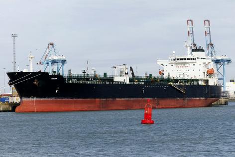 An oil tanker seized by Belgian and French forces for its alleged participation in Russia’s ‘shadow fleet’ sits at a pier in Belgium.
              Nicolas Maeterlinck/Belga/AFP via Getty Images
