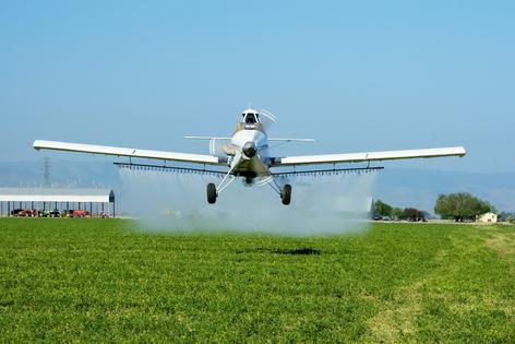 A crop duster sprays chemicals on an alfalfa field in California in 2023. Pesticides kill the pests that eat crops, but they also take away a food supply for birds.
              Bill & Brigitte Clough/Design Pics Editorial/Universal Images Group via Getty Images