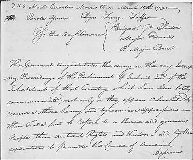 A section of George Washington’s general order of March 16, 1780, granting St. Patrick’s Day as a holiday for the troops.
              National Archives