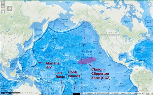The Clarion Clipperton Zone is rich in ancient polymetallic nodules, found loose on the seafloor. The zone, southeast of Hawaii, covers approximately 1.7 million square miles (4.5 million square kilometers).
              U.S. Geological Survey