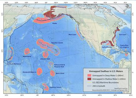 America’s exclusive economic zones, outlined in yellow, extend out 200 nautical miles and include rings around several islands in the Pacific Ocean.
              NOAA National Center for Environmental Information, 2020