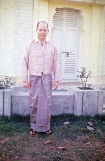 Robert H. Hover in front of one of the meditation cells at the International Meditation Centre in Rangoon in 1961.
              Pariyatti