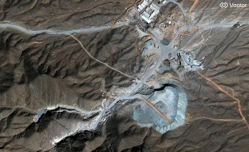 A satellite photograph shows construction work and buildings at a site known as Pickaxe Mountain, which is believed to store Iranian nuclear material and equipment. Satellite image (c) 2026 Vantor via Getty Images