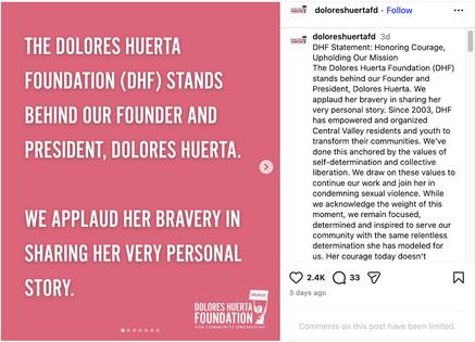 Screenshot of an Instagram post by the Dolores Huerta Foundation in the wake of her revelations of abuse by Cesar Chavez.
              Dolores Huerta Foundation Instagram