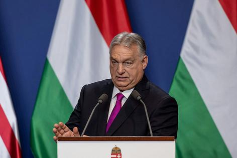 Hungary’s Prime Minister Viktor Orban speaks at a press conference.
              Janos Kummer/Stringer via Getty Images News