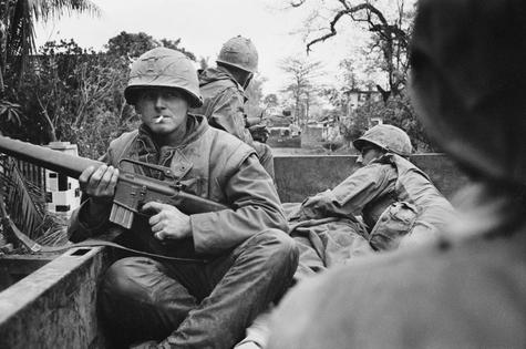 American troops on board a truck at a forward command post in the city of Hu?, during the Battle of Hu?, Vietnam War, February 1968. (Photo by Terry Fincher/Daily Express/Hulton Archive/Getty Images)