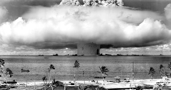 A nuclear bomb explodes at Bikini Atoll in the Pacific Ocean in 1946, one of several U.S. test explosions. Photo12/Universal Images Group via Getty Images