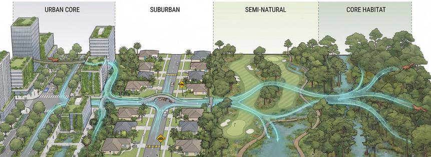 This conceptual image of the author’s transect planning framework shows the different transect zones the Big Cypress fox squirrel inhabits.
              Created by Eve Bohnett using NanoBanana