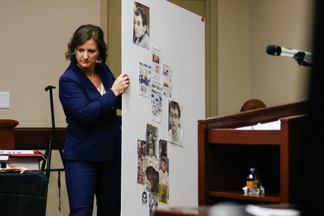 During Colin Gray’s trial, Assistant District Attorney Patricia Brooks presents evidence of a school shooter shrine that was found in Colt Gray’s bedroom, in Winder, Ga., on March 2, 2026.
              Abbey Cutrer/Atlanta Journal-Constitution via AP, Pool
