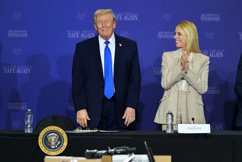 President Donald Trump participates in a roundtable discussion in Memphis, Tenn., with Attorney General Pam Bondi on March 23, 2026. AP Photo/Bruce Newman