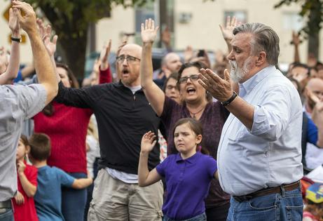 Pastor Doug Wilson leads others at a protest in Moscow, Idaho.
              Geoff Crimmins/The Moscow-Pullman Daily News, CC BY-SA