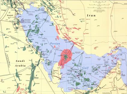 The Persian Gulf region is rich in oil fields, marked in green, and gas fields, marked in red.
              Central Intelligence Agency via Library of Congress