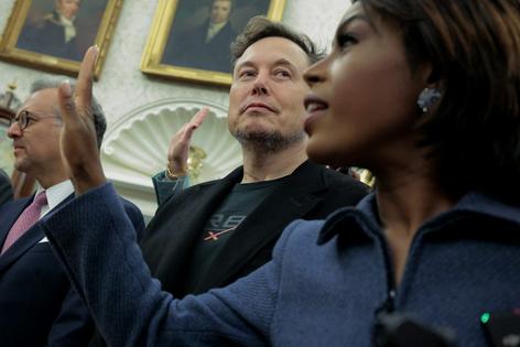 Elon Musk listens as reporters ask President Donald Trump and South Africa President Cyril Ramaphosa questions in the Oval Office on May 21, 2025.
Chip Somodevilla/Getty Images