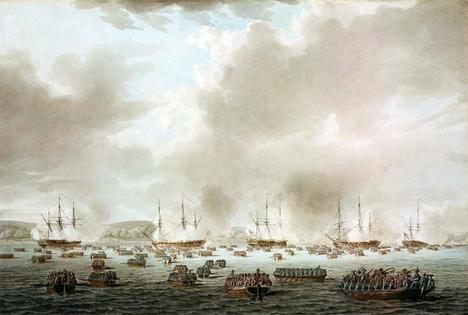 British warships bombard the shore of Kip’s Bay, New York, on Sept. 15, 1776.
              Royal Museums Greenwich