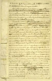 The first page of the original draft of the Declaration of Independence with minor emendations in the hands of John Adams and Benjamin Franklin.
              Jefferson Papers, Manuscript Division, Library of Congress
