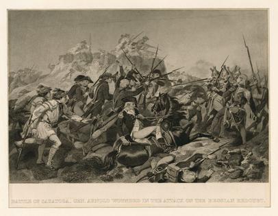 The crucial battle of Saratoga was won by the U.S. troops, but Gen. Benedict Arnold was wounded.
              Alonzo Chappel, artist; New York Public Library