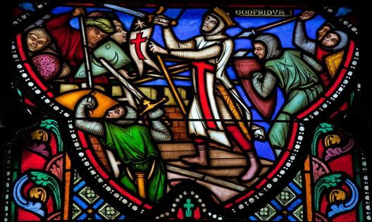 A stained-glass window in the Cathedral of Brussels depicting the 'Siege of Jerusalem' by the Crusaders in the 11th century.  Jorisvo/iStock / Getty Images Plus