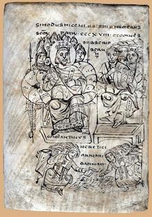 Constantine presides over a burning of books that were deemed heretical at the First Council of Nicaea in 325 C.E.
              Pictures From History/Universal Images Group via Getty Images