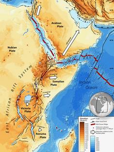 Three tectonic plates are pulling apart at the Afar region, near the Red Sea.
              Val Rim/Wikimedia Commons, CC BY-SA