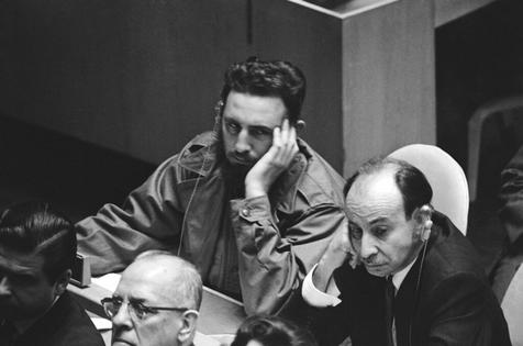 Cuban Premier Fidel Castro and his foreign minister Raul Roa listen to U.S. President Dwight Eisenhower speak to the United Nations General Assembly on Sept. 22, 1960.
              AP Photo