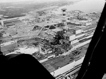 An aerial photo shows the Chernobyl nuclear plant just days after the 1986 disaster.
              AP Photo