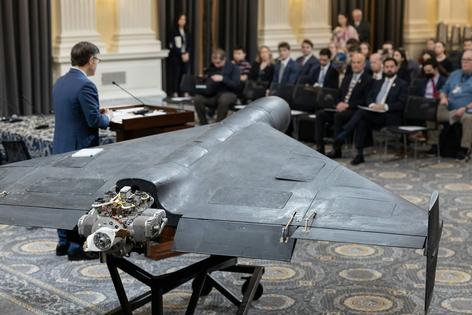 House Speaker Mike Johnson speaks next to an Iranian Shahed-136 drone on May 8, 2025, at the U.S. Capitol in Washington.
              Tom Brenner for The Washington Post via Getty Images