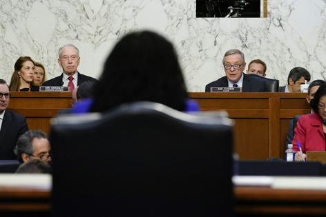 Supreme Court nominee Ketanji Brown Jackson listens to U.S. Senate Judiciary Committee members on Capitol Hill on March 21, 2022.
              AP Photo/J. Scott Applewhite, Pool