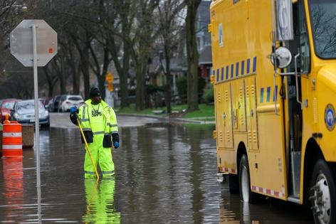 In the upper Midwest, aging infrastructure, from dams to city drains, was overwhelmed by floodwater in April 2026.  Jonathan Aguilar/Milwaukee Neighborhood News Service/CatchLight via Getty Images