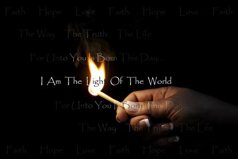 Woman's hand holding a blazing match which lights Religious/Christian text: Faith Hope Love ~ The Way The Truth The Life ~ For unto you is born this day... ~ I am the light of the World. Dreamstime/TCA