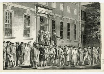 A Croome & Brightly engraving shows John Nixon reading the Declaration of Independence after its passage in Philadelphia. From The New York Public Library via Wikimedia Commons
