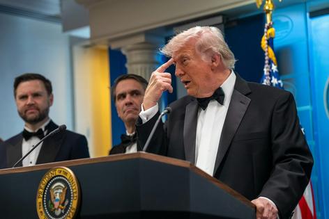 President Donald Trump speaks at the White House on April 25, 2026, after the cancellation of the annual White House Correspondents Association Dinner. Andrew Leyden/Getty Images)