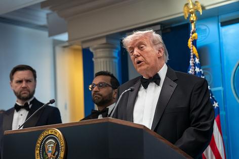 WASHINGTON, DC - APRIL 25:  U.S. President Donald Trump speaks during a press conference in the Brady Briefing Room of the White House on April 25, 2026 in Washington, DC. President Trump is making a statement after the cancelation of the annual White House Correspondents Association Dinner after a possible shooting.(Photo by Andrew Leyden/Getty Images)