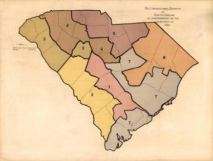 South Carolina’s House map was gerrymandered in 1882 to minimize Black representation, heavily concentrating Black voters in the 7th District.
              Library of Congress, Geography and Map Division