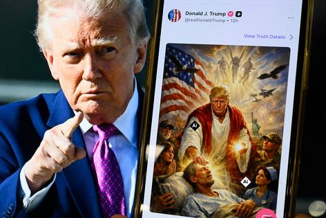 This photo illustration created on April 13, 2026 shows a picture of US President Donald Trump on a screen and an AI-generated picture he posted on his Truth Social platform depicting himself as Jesus Christ after criticizing Pope Leo XIV. Trump later posted an AI-generated image seemingly depicting himself as Jesus Christ. In the image, the president appears dressed in red and white robes as he cures a man with his healing hand. The American flag is shown over his shoulder. Trump and the White House have previously shared AI-generated images, including one that showed the president dressed as the pope. (Photo by Mandel NGAN / AFP via Getty Images) / NOTE TO  EDITORS : ADDITION OF THE AFP VISUAL LABEL TO THE IMAGE GENERATED BY ARTIFICIAL INTELLIGENCE