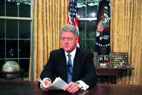 President Bill Clinton after his television address to the nation on the NATO bombing of Serbian forces in Kosovo, March 24, 1999.
              Pool/Getty Images
