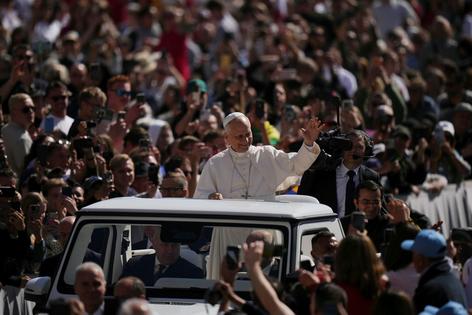 Pope Leo XIV arrives for his weekly general audience in St. Peter's Square at the Vatican on April 29, 2026.  AP Photo/Alessandra Tarantino