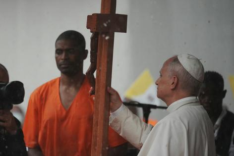 Pope Leo visits Bata Prison in Equatorial Guinea on April 22, 2026, emphasizing that incarceration should not strip individuals of their humanity.
              AP Photo/Andrew Medichini