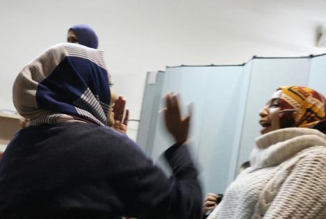 Muslim women participate in a self-defense class in 2016 in New York.
              Spencer Platt/Getty Images
