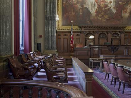 The judge’s bench and jury box in a courtroom at the Howard M. Metzenbaum U.S. Courthouse in Cleveland.
              Carol M. Highsmith Archive, Library of Congress via Wikimedia Commons
