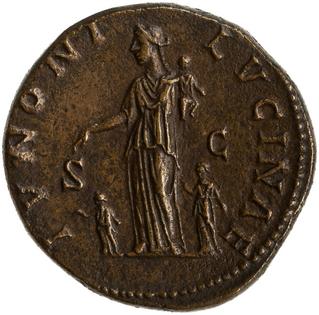 Ancient Roman bronze coin with the goddess Juno Lucina, protectress of motherhood, with three children.
              American Numismatic Society
