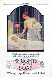 Wright’s Coal Tar Soap used a sleeping child dressed in white and sleeping on white sheets to advertise its ‘nursery soap,’ which it claimed protected children from infection, in 1922.
              Wikimedia Commons