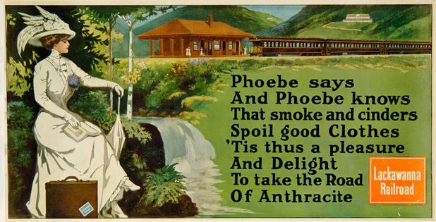 A Phoebe Snow postcard ad from 1912 talked about avoiding ‘smoke and cinders’ with trains run on anthracite coal.
              Railroad Museum of Pennsylvania/Wikimedia Commons