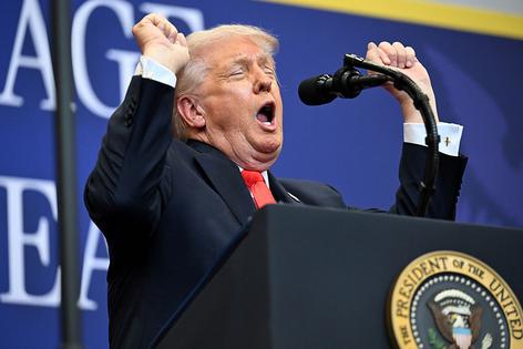 THE VILLAGES, FLORIDA - MAY 01: U.S. President Donald Trump speaks at The Villages Charter School on May 01, 2026 in The Villages, Florida. President Trump spoke about economic development, his administration's tax plan and Social Security. (Photo by Roberto Schmidt/Getty Images)